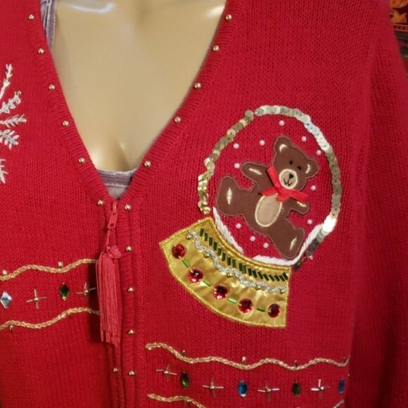 Vintage 90's Theme Works Snow Globe Zip up Christmas Sweater Jacket Medium - Picture 3 of 8